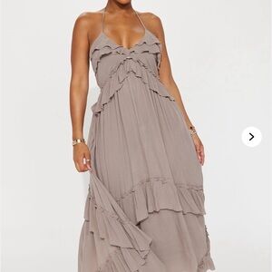 Fashion Nova Taupe Ruffle Maxi Dress